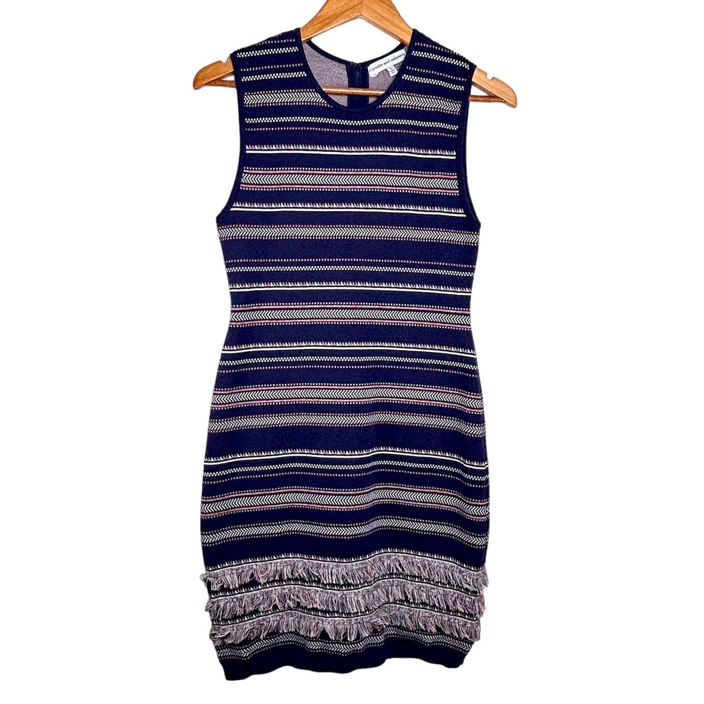 Cupcakes and Cashmere Bodycon Sweater Dress‎ Size L Navy Fringe Stripe
